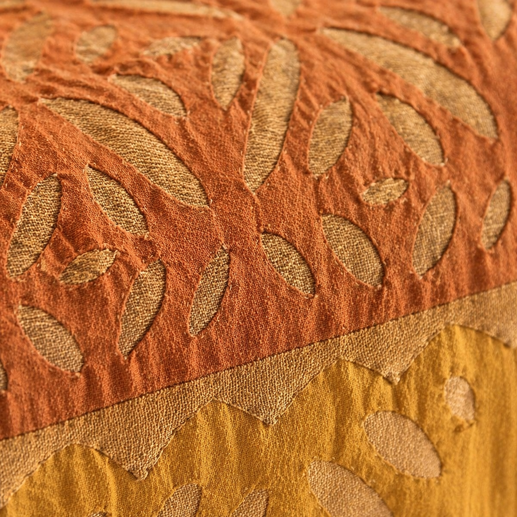 Applique Cutwork Runner Coral and Mustard, The Gathered Table. Handmade in India by House of Taraasha.