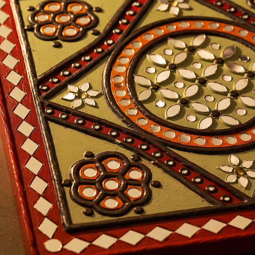Green Lippan Square Mud & Mirror Wall Hanging, The Art Wall. Handmade in India by House of Taraasha.