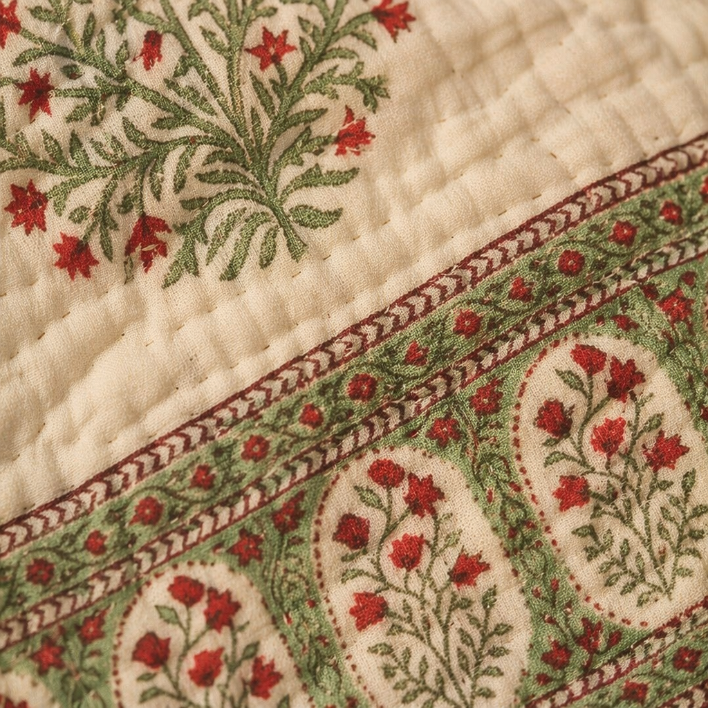 Mughal Florals White and Green Jaipuri Razai, The Linen Room. Handmade in India by House of Taraasha.