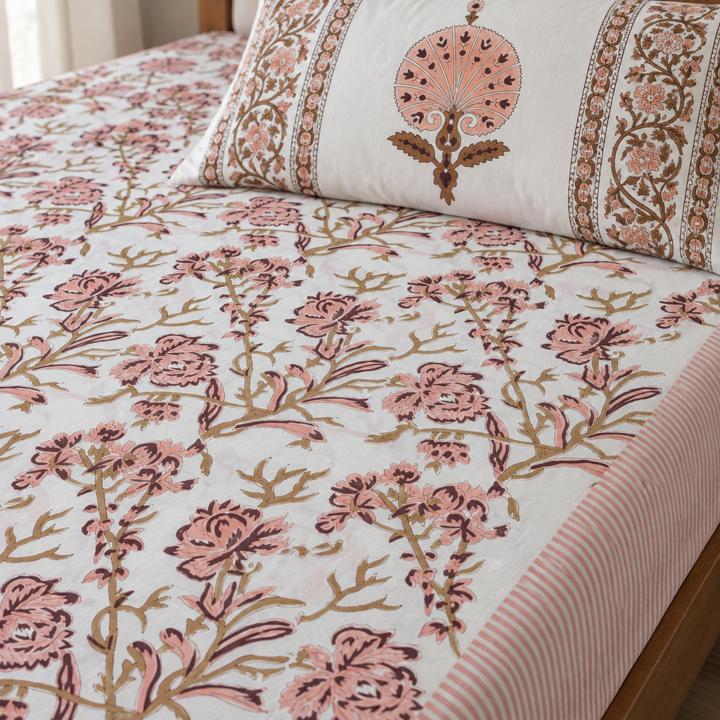 Pink Floral Vine Bedsheet Set, close-up of the print, border and pillow cover