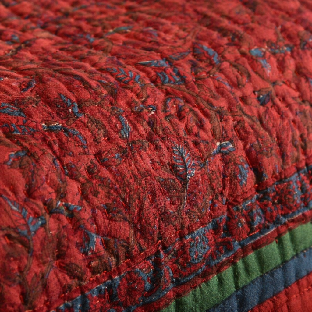 Chintz Brick Red and Navy Quilted Bed Cover, The Linen Room. Handmade in India by House of Taraasha.