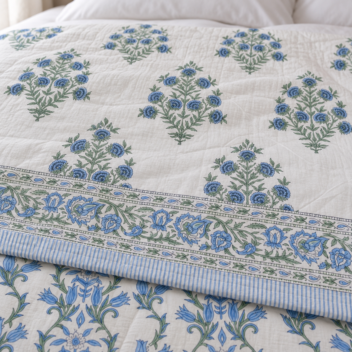 Blue Floral Bunch Dohar, close-up of the print, border and reverse