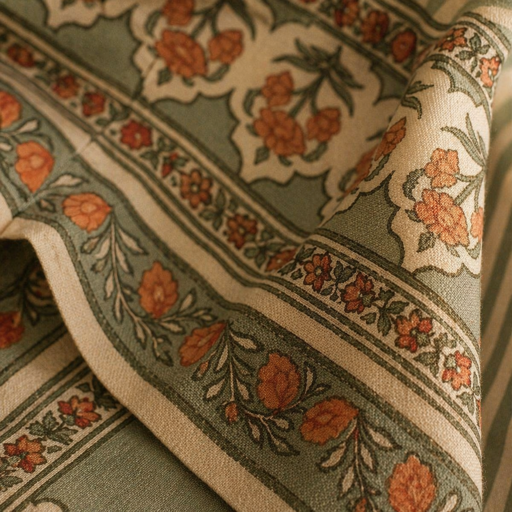 Royal Courtyards Table Cloth Green and Dusty Pink, The Gathered Table. Handmade in India by House of Taraasha.