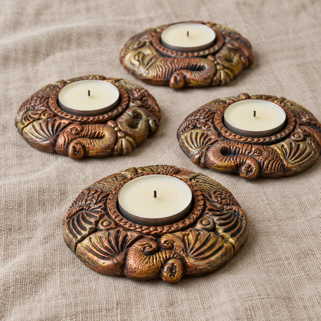 Airavat: Elephant Face Terracotta Tea Light Holders, Set of 4 or 2