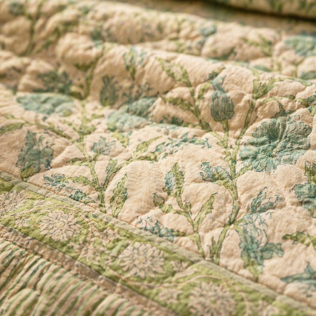 Light Green & White Hand Block-Printed Bedsheet, The Linen Room. Handmade in India by House of Taraasha.