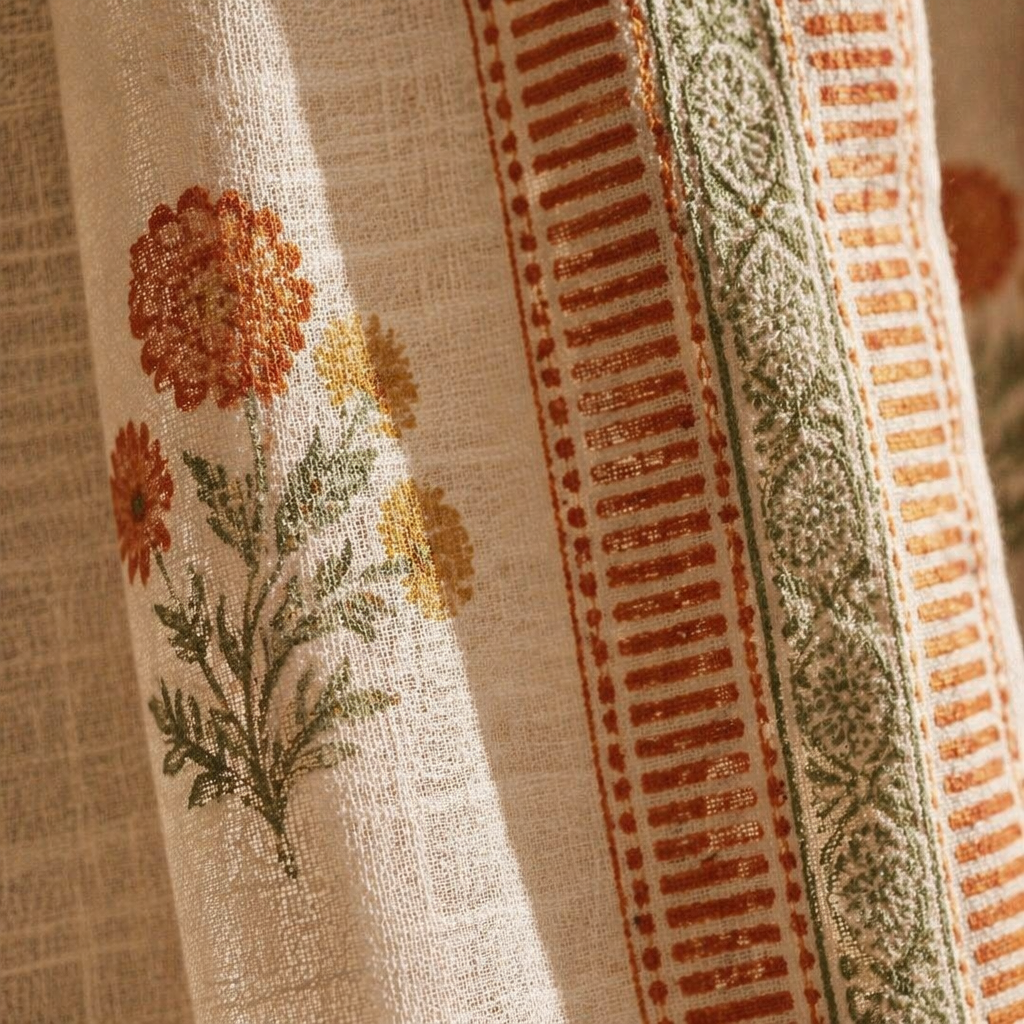 Mulmul Marigold Sheer Rust Mustard and Teal Curtain, The Draped Window. Handmade in India by House of Taraasha.