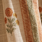 Mulmul Marigold Sheer Rust Mustard and Teal Curtain, The Draped Window. Handmade in India by House of Taraasha.