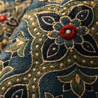 Indigo and Green Block-Printed Mirror-Embroidered Cushion, The Living Room. Handmade in India by House of Taraasha.