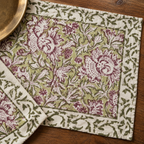Purple and Green Floral Placemat and Napkin Set of 12, close-up of the print and border