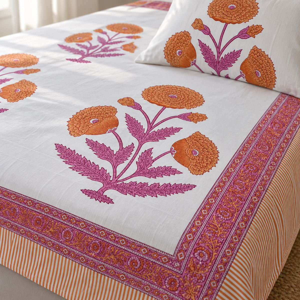 Orange Poppy Bedsheet Set, close-up of the print, border and pillow cover