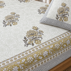 Grey Gold Floral Bedsheet Set, close-up of the print, border and pillow cover