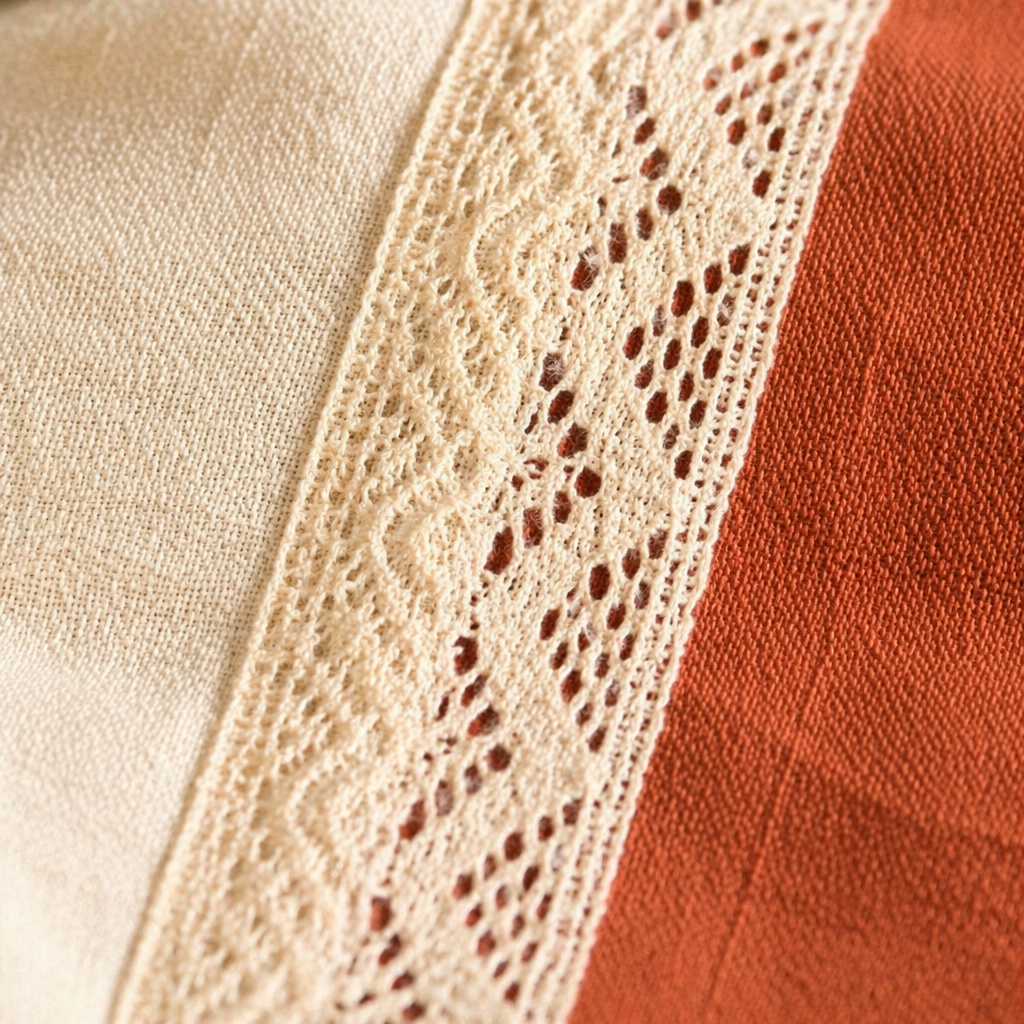 Crochet-Edged Runner Rust and Off-White, The Gathered Table. Handmade in India by House of Taraasha.