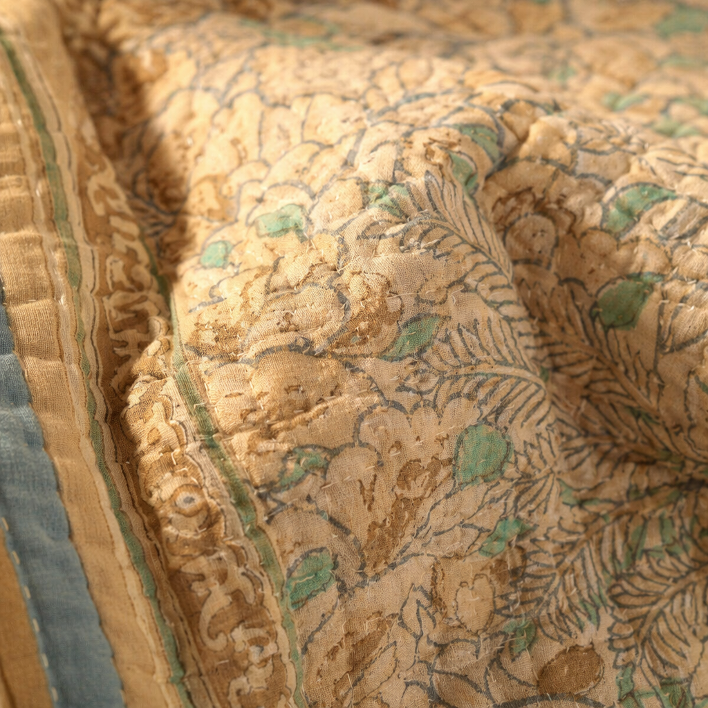 Ivory Taupe & Powder Blue Chintz-Inspired Quilt, The Linen Room. Handmade in India by House of Taraasha.
