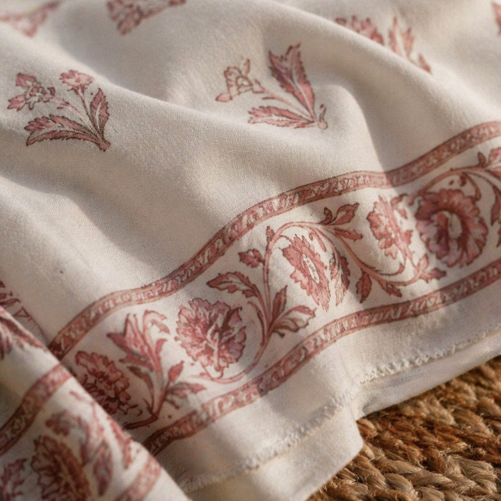 Off-White & Blue Hand-Printed Floral Bedsheet, The Linen Room. Handmade in India by House of Taraasha.