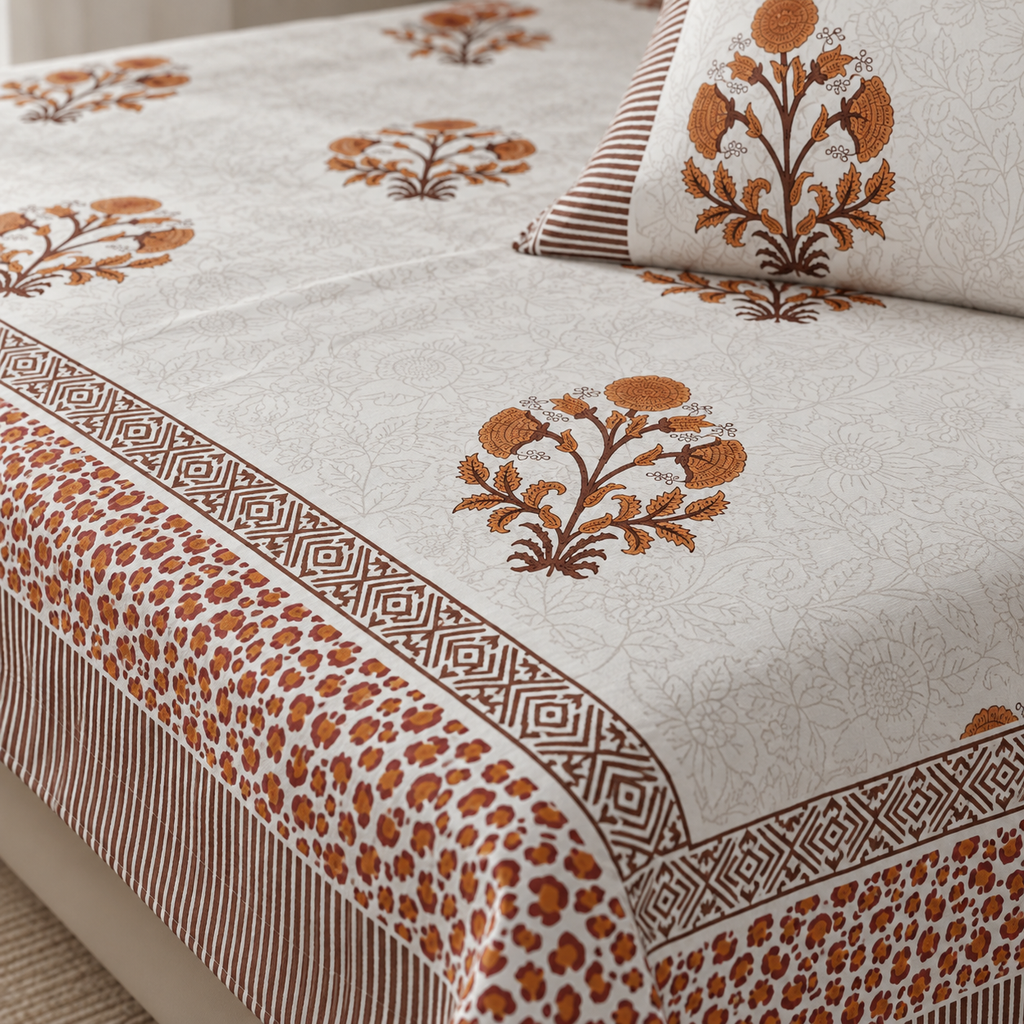 Rust Floral Buta Bedsheet Set, close-up of the print, border and pillow cover