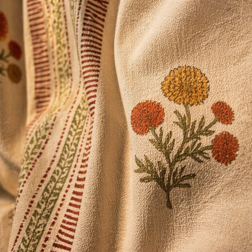 Handwoven & Block-Printed Set Sage, Rust, Mustard and Teal, The Draped Window. Handmade in India by House of Taraasha.
