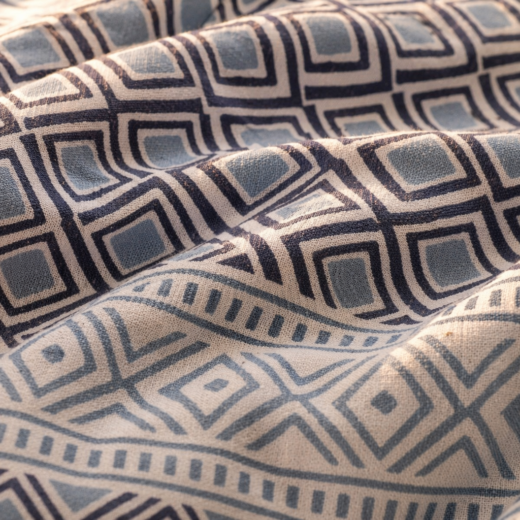 Blue & Grey Bagru Geometric Bedsheet, The Linen Room. Handmade in India by House of Taraasha.