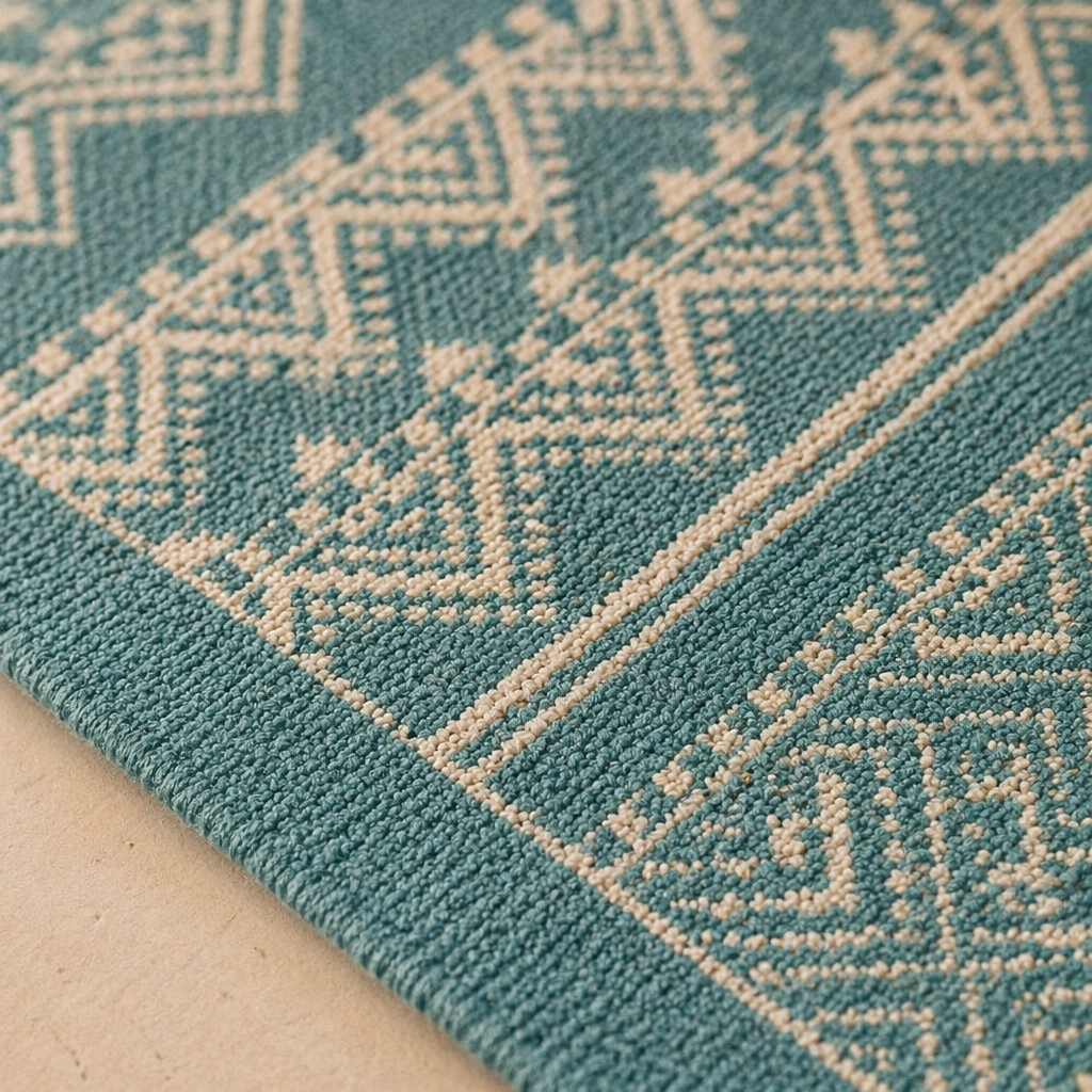 Mandana Teal Hand-Printed Tribal Pattern Cotton Rug, The Woven Floor. Handmade in India by House of Taraasha.