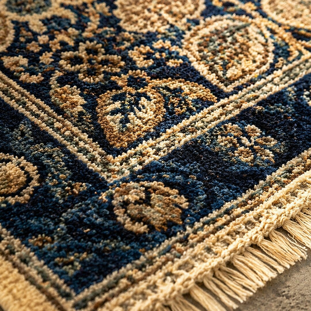 Kalamkari Indigo Hand Block-Printed Cotton Dhurrie, The Woven Floor. Handmade in India by House of Taraasha.