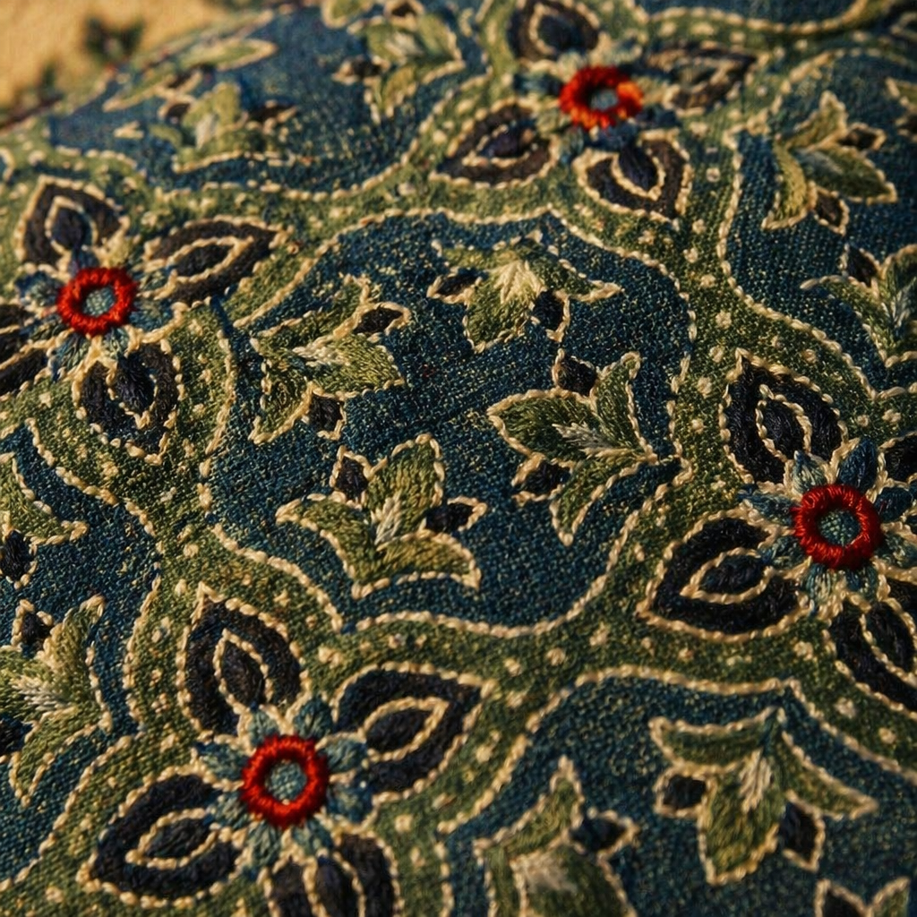 Ajrakh Green and Indigo Embroidered Cushion Cover, The Living Room. Handmade in India by House of Taraasha.