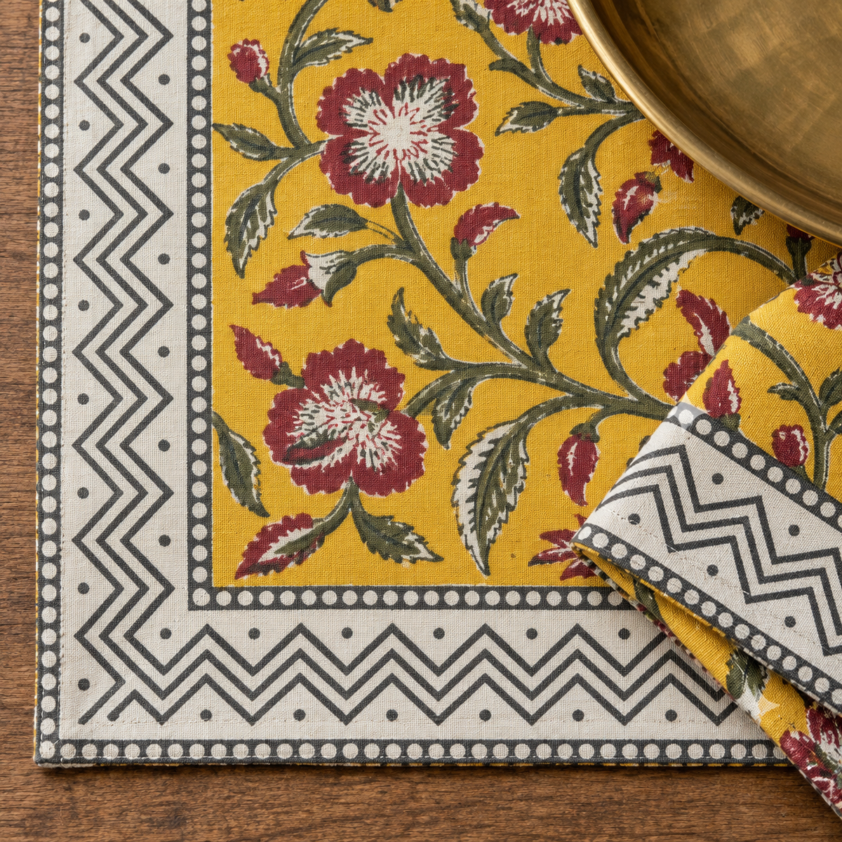 Mustard Floral Chevron Border Placemat and Napkin Set of 12, close-up of the print and border