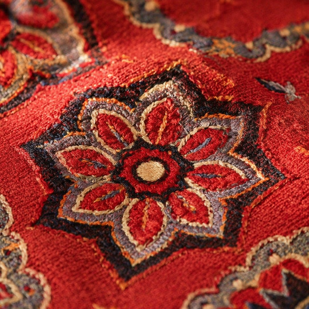 Ajrakh Brick Red Embroidered Cushion Cover, The Living Room. Handmade in India by House of Taraasha.