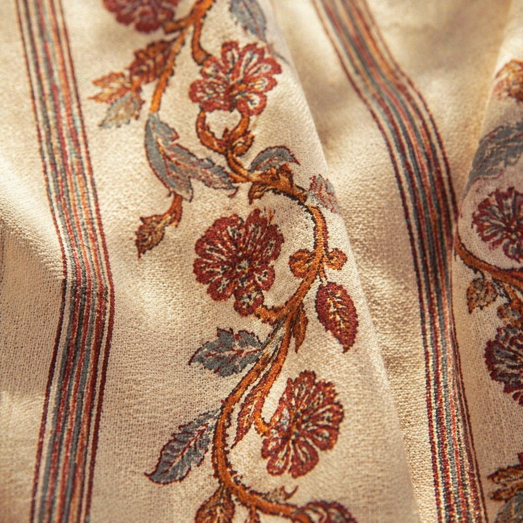 Chintz Sheer Off-White, Brick Red and Navy Striped Floral Curtain, The Draped Window. Handmade in India by House of Taraasha.