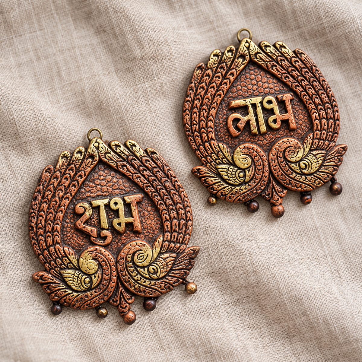 Swagat: Shubh Labh Terracotta Hangings with Peacock Border