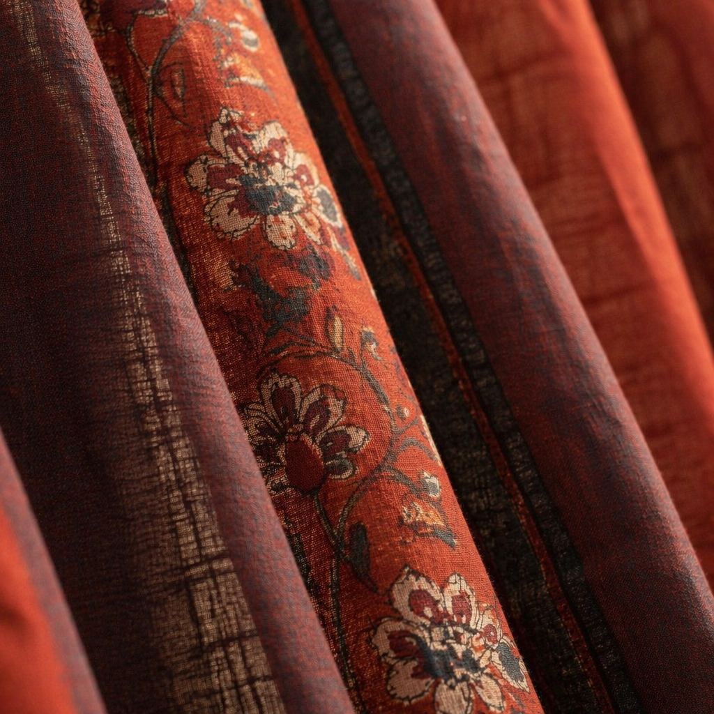 Chintz Assorted Set Brick Red, Ivory and Navy Cotton Curtains, The Draped Window. Handmade in India by House of Taraasha.