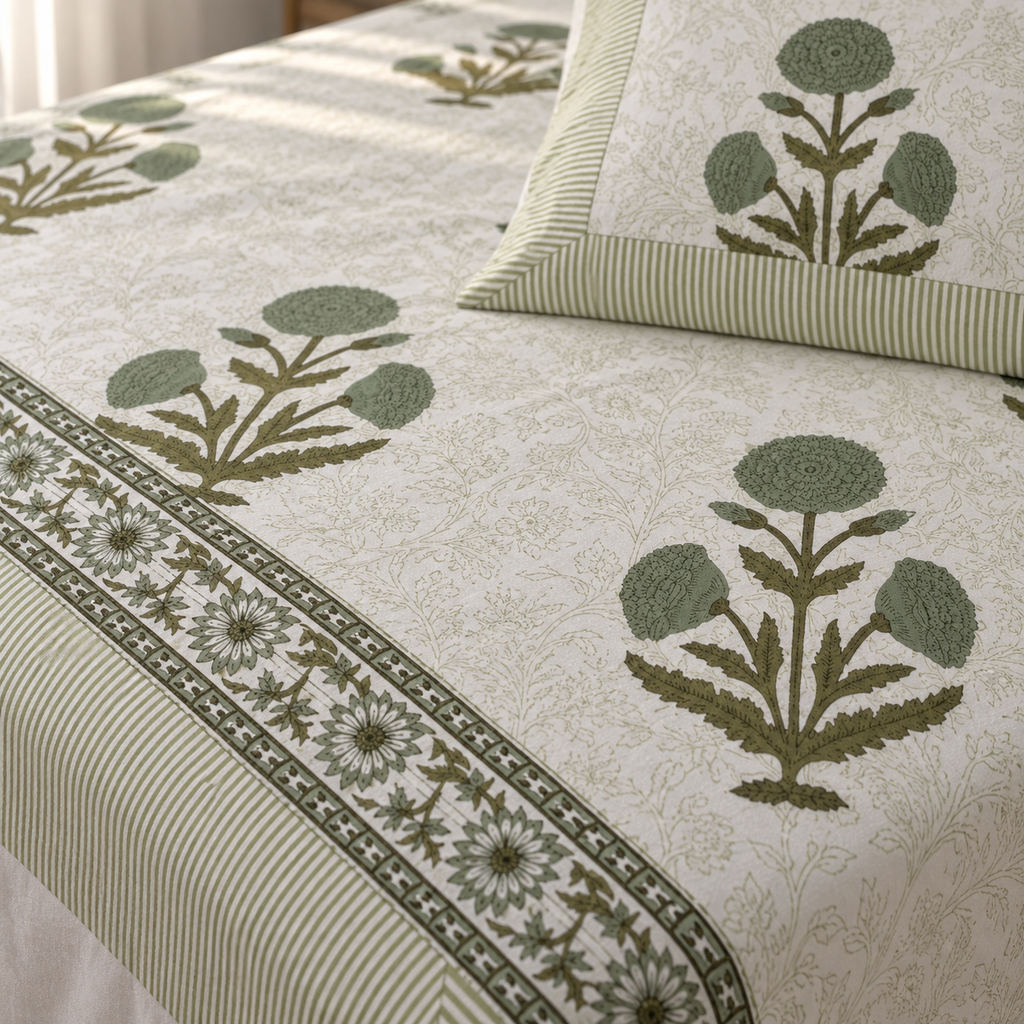 Sage Green Floral Bedsheet Set, close-up of the print, border and pillow cover