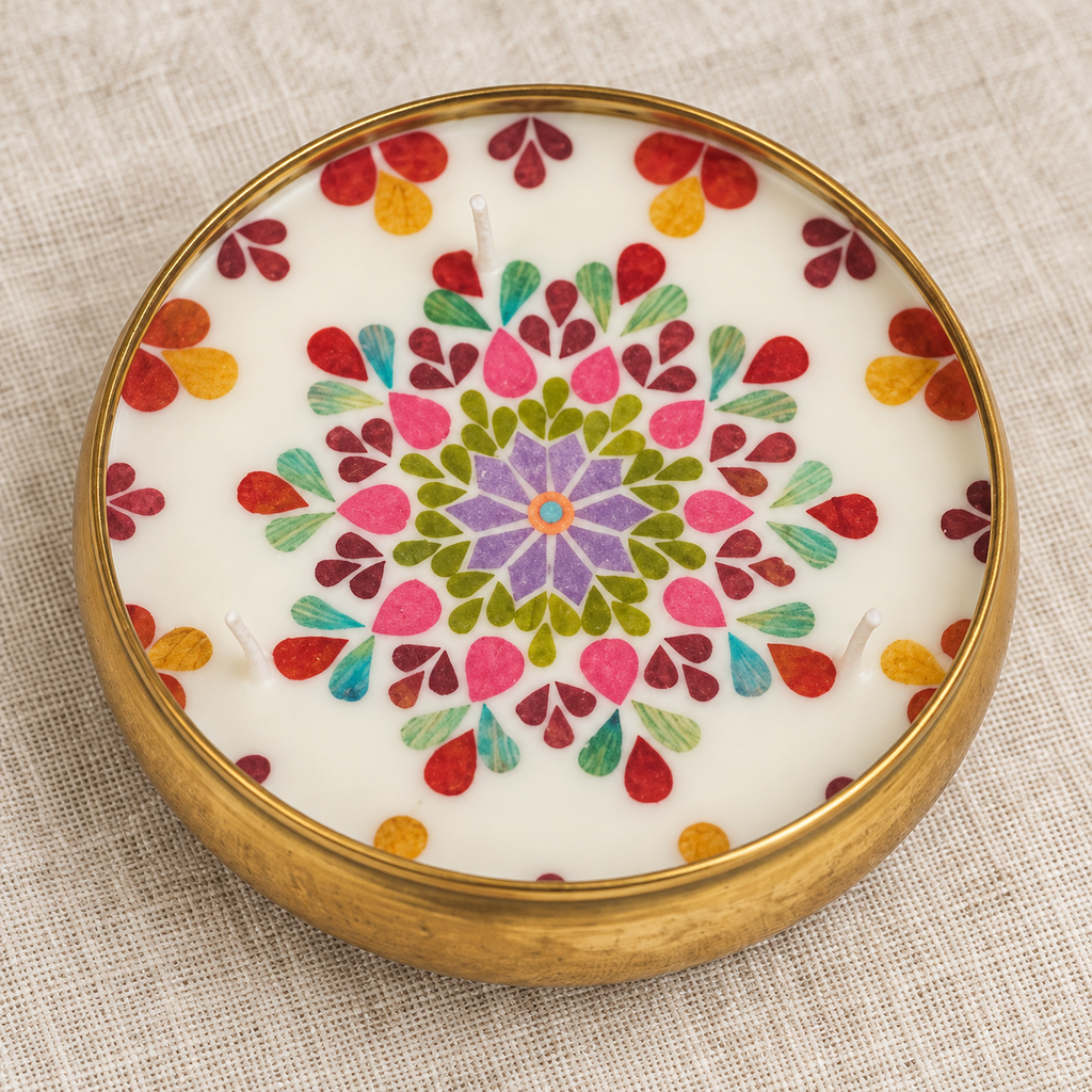 Mandala Soy Wax Candle in a Brass Urli, 5 in, close-up of the wax top