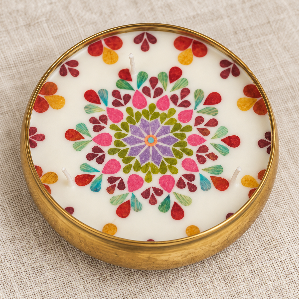 Mandala Soy Wax Candle in a Brass Urli, 5 in, close-up of the wax top