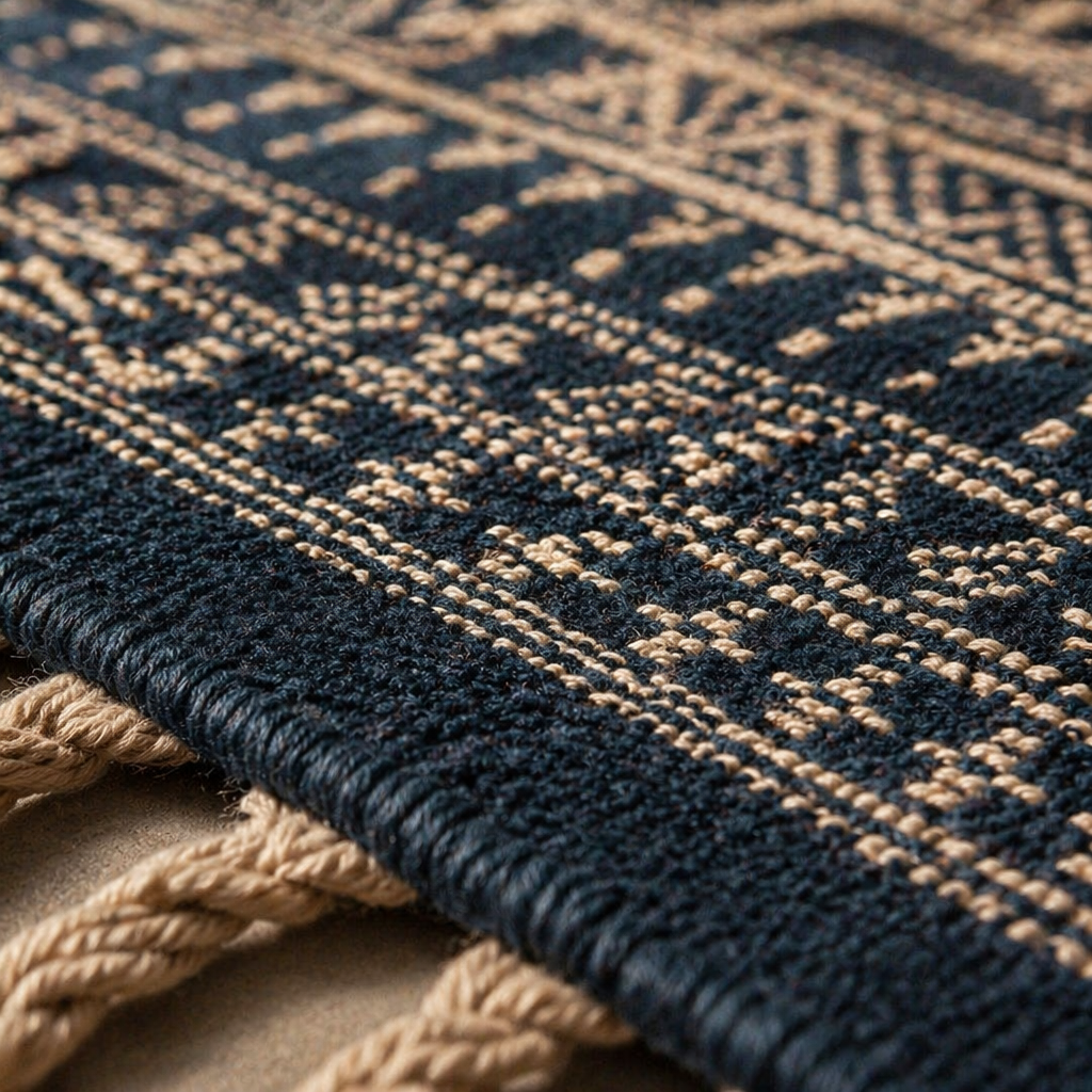 Jaipuri Dark Blue Hand-Printed Cotton Floor Rug, The Woven Floor. Handmade in India by House of Taraasha.