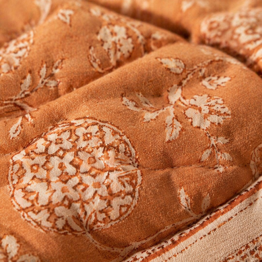 Rust & Off-White Marigold Motif Bedsheet, The Linen Room. Handmade in India by House of Taraasha.