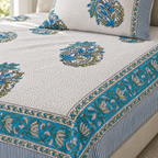 Teal Blue Floral Bedsheet Set, close-up of the print, border and pillow cover