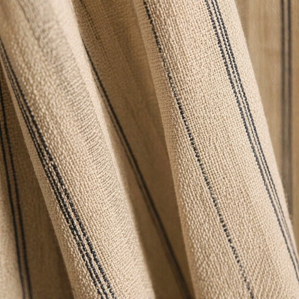 Handwoven Stripe Off-White and Charcoal Cotton Curtain, The Draped Window. Handmade in India by House of Taraasha.