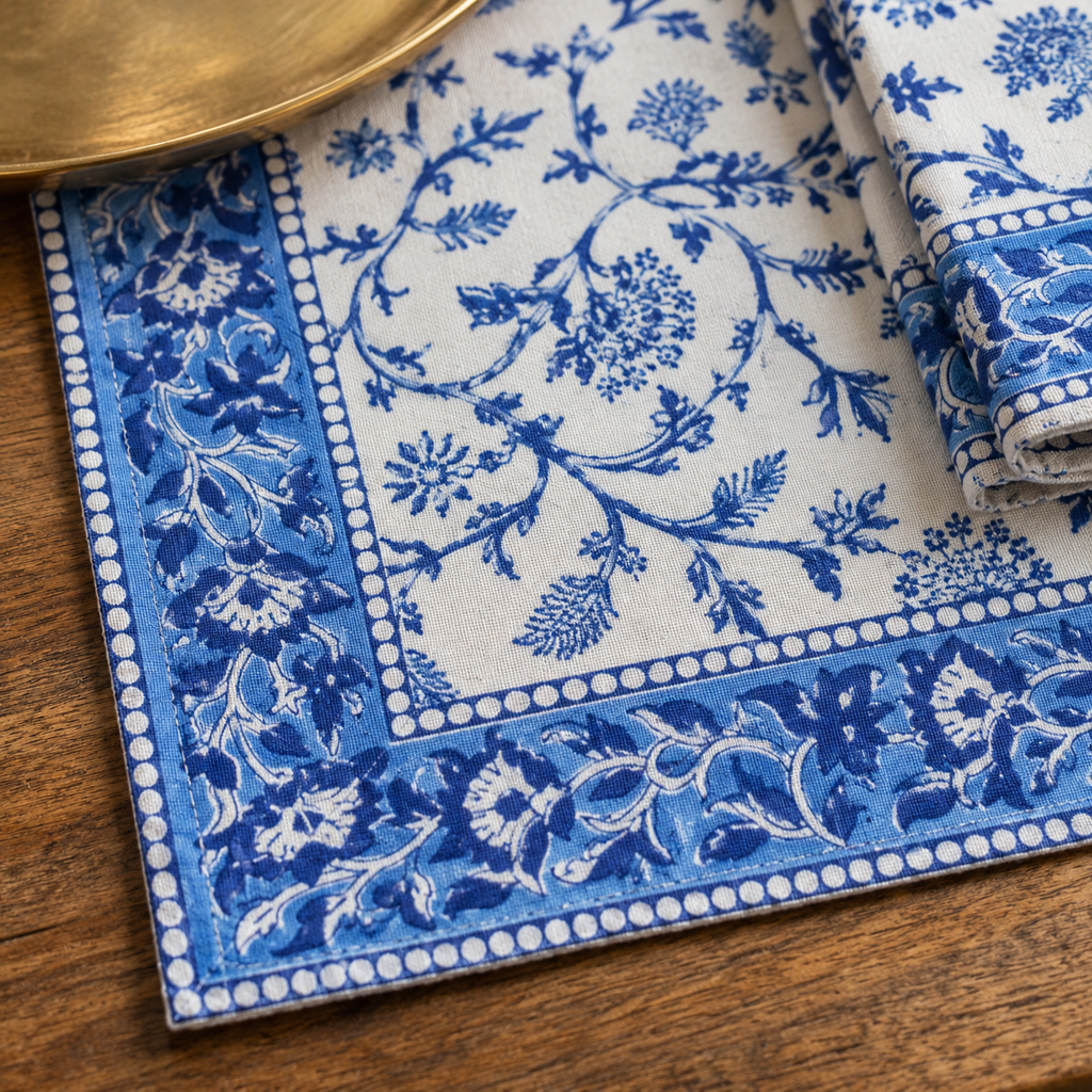 Blue Vine Floral Placemat and Napkin Set of 12, close-up of the print and border