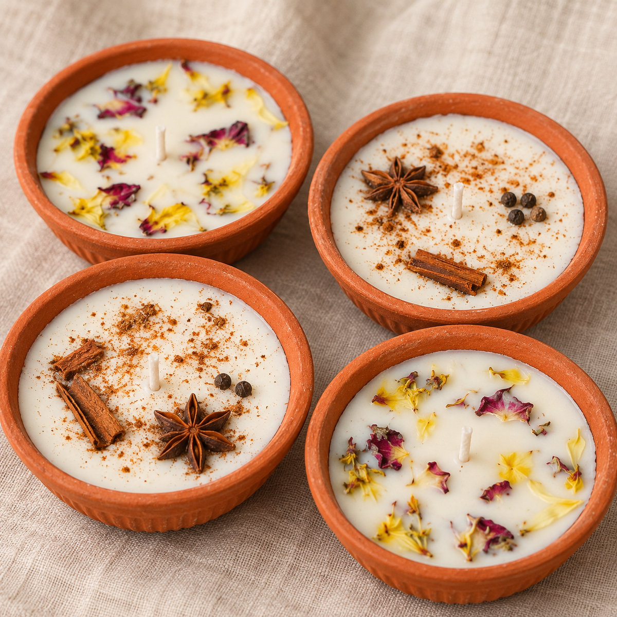 Floral and Spice Soy Wax Diya Gift Hamper, Set of 4, close-up of the pressed flowers