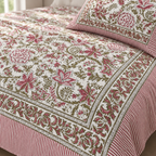 Pink and Green Floral Bedsheet Set, close-up of the print, border and pillow cover