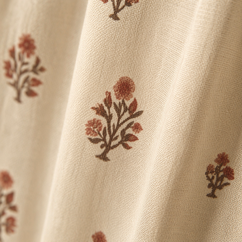 Mulmul Sheer Hand-Printed Rust and Green Floral Curtain, The Draped Window. Handmade in India by House of Taraasha.