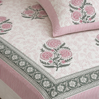 Pink Floral Buta Bedsheet Set, close-up of the print, border and pillow cover