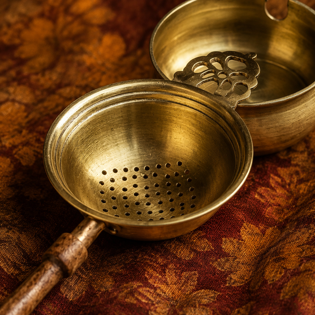 Mould-Cast and Polished Brass Tea Strainer with Wooden Handle