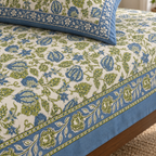 Blue and Green Floral Bedsheet Set, close-up of the print, border and pillow cover