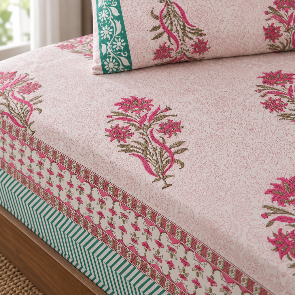 Pink Floral Buta Bedsheet Set, close-up of the print, border and pillow cover