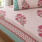 Pink Floral Buta Bedsheet Set, close-up of the print, border and pillow cover