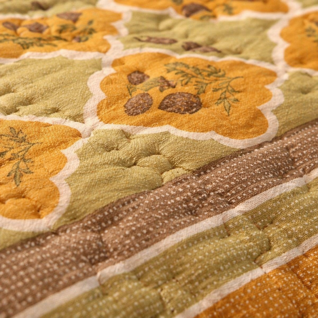 Sage & Mustard Mulmul Quilt, Marigold Motif, The Linen Room. Handmade in India by House of Taraasha.