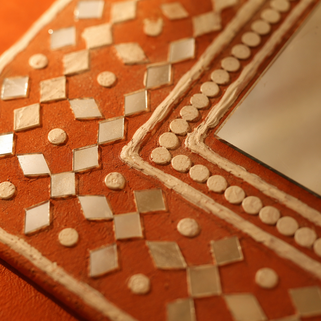Brick Red Lippan Mirror Kutch Mud and Glass, The Art Wall. Handmade in India by House of Taraasha.