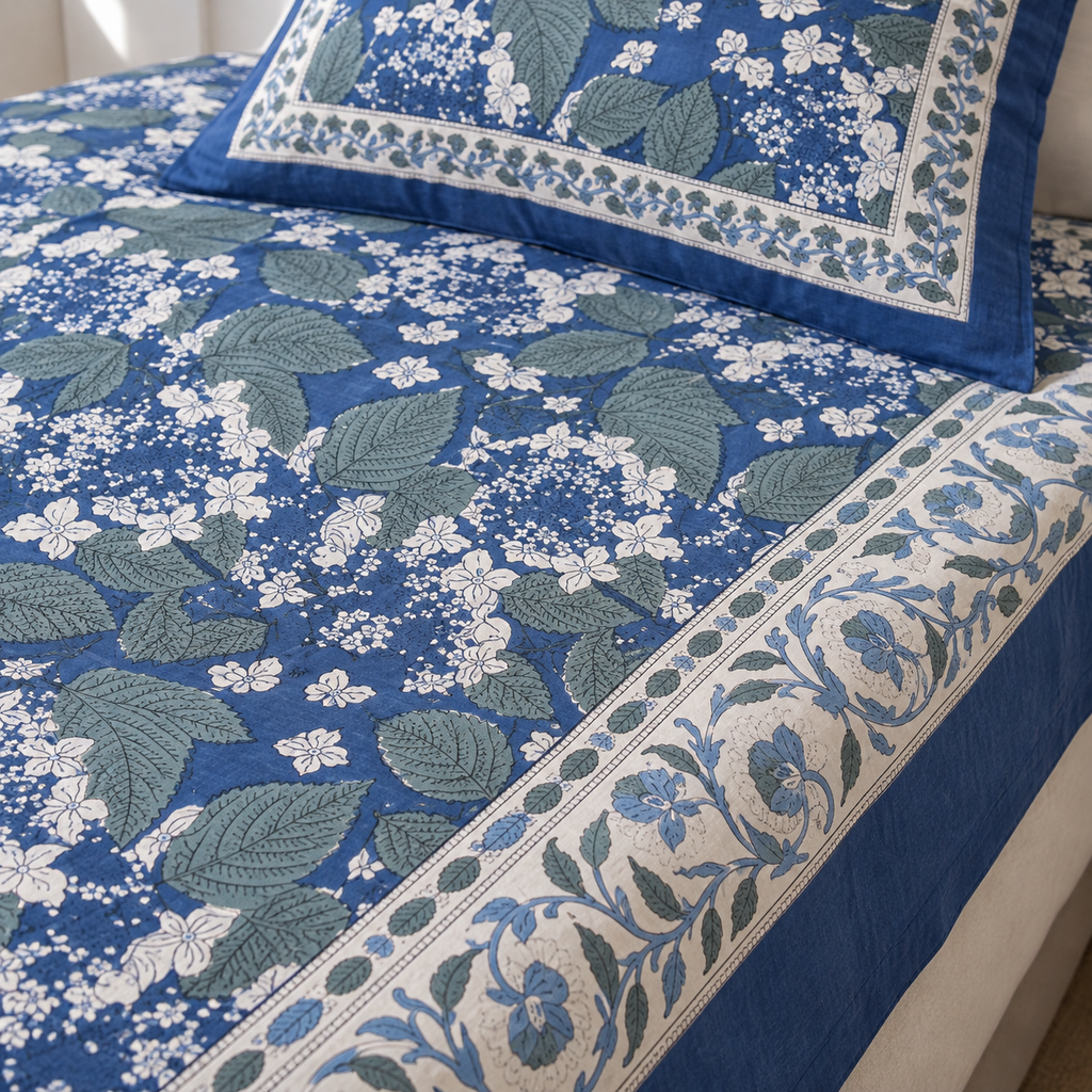 Indigo Blue Floral Bedsheet Set, close-up of the print, border and pillow cover