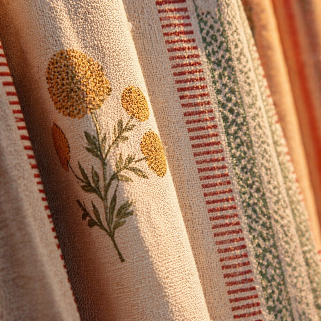 Handwoven & Block-Printed Set Ivory, Rust, Mustard and Teal, The Draped Window. Handmade in India by House of Taraasha.