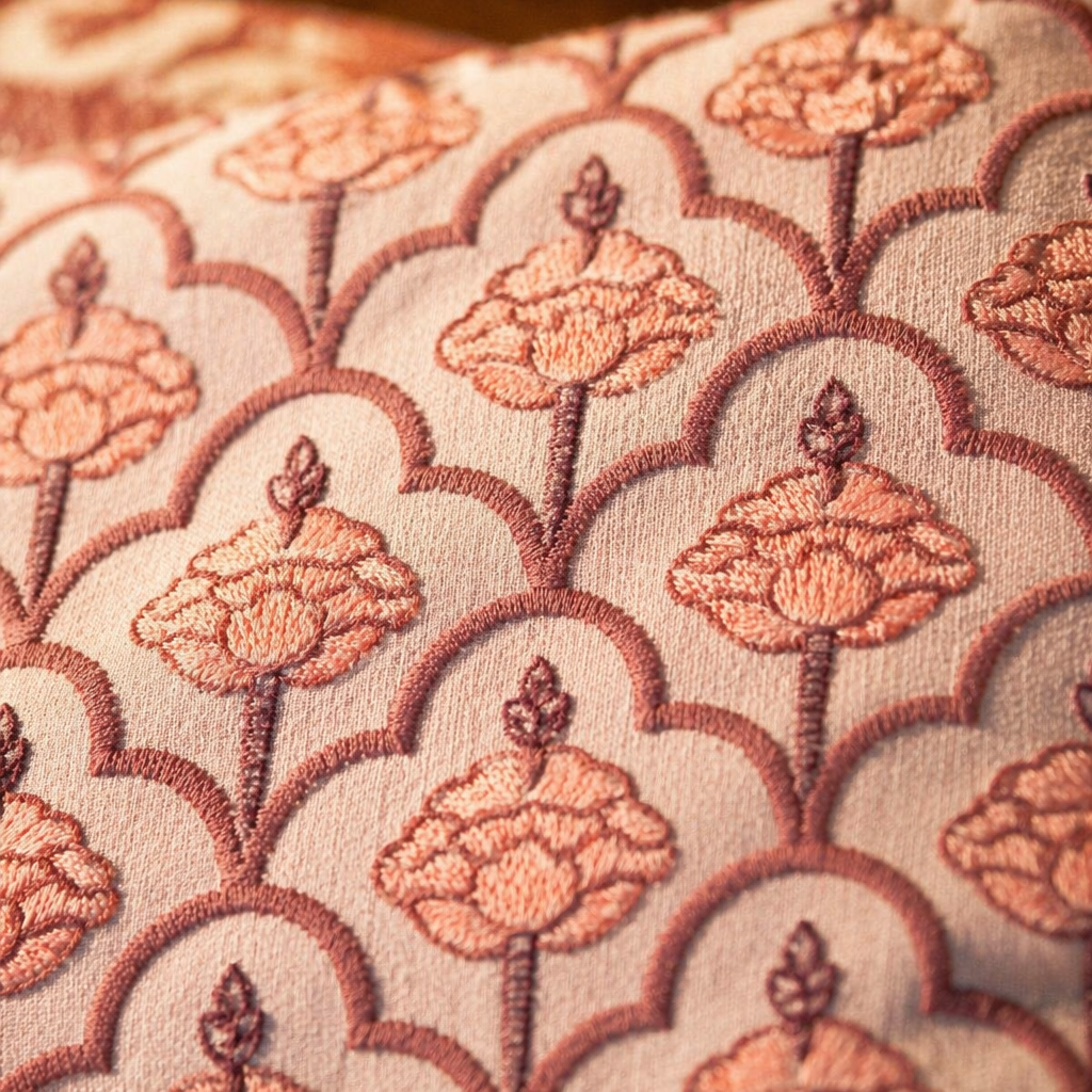 Jaali Dusty Pink Hand-Printed Cushion Cover, The Living Room. Handmade in India by House of Taraasha.